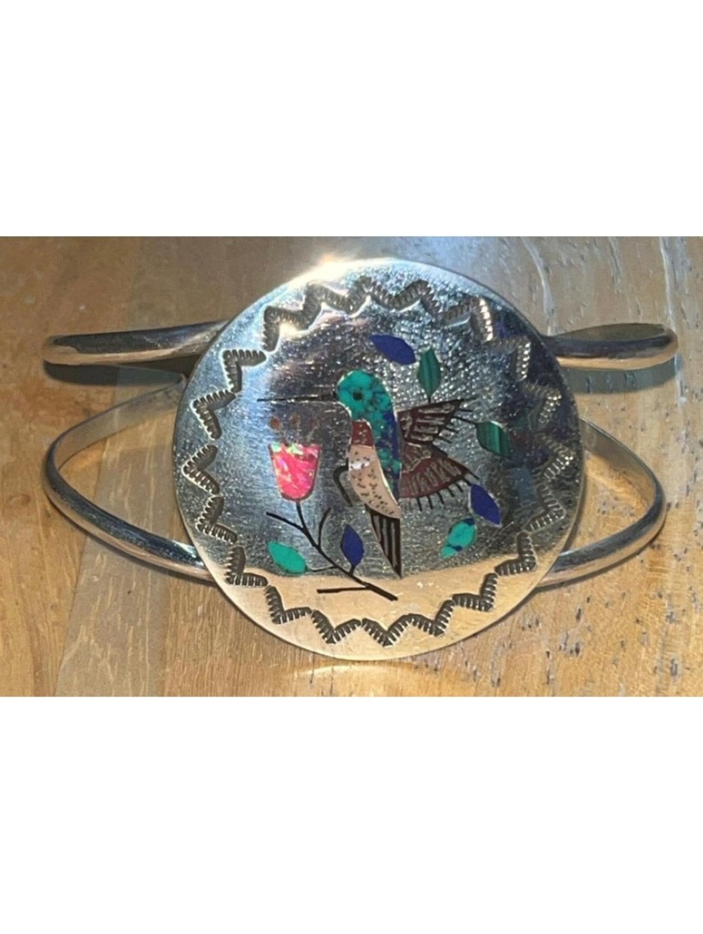 Zuni turquoise inlay sterling silver hummingbird bracelet/Cuff -Raymond Boyd